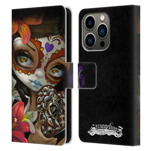 Strangeling Art Day of Dead Heart Charm Leather Book Wallet Case Cover For Apple iPhone 14 Pro