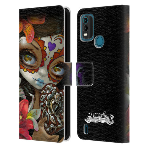 Strangeling Art Day of Dead Heart Charm Leather Book Wallet Case Cover For Nokia G11 Plus