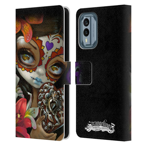 Strangeling Art Day of Dead Heart Charm Leather Book Wallet Case Cover For Nokia X30