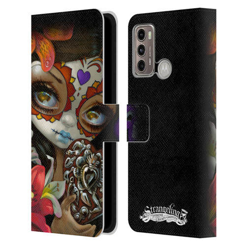 Strangeling Art Day of Dead Heart Charm Leather Book Wallet Case Cover For Motorola Moto G60 / Moto G40 Fusion
