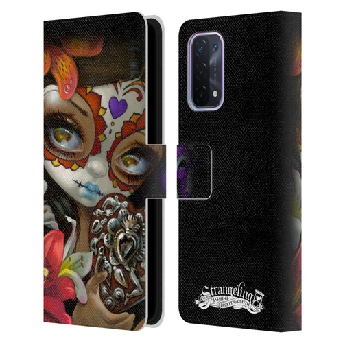 Strangeling Art Day of Dead Heart Charm Leather Book Wallet Case Cover For OPPO A54 5G