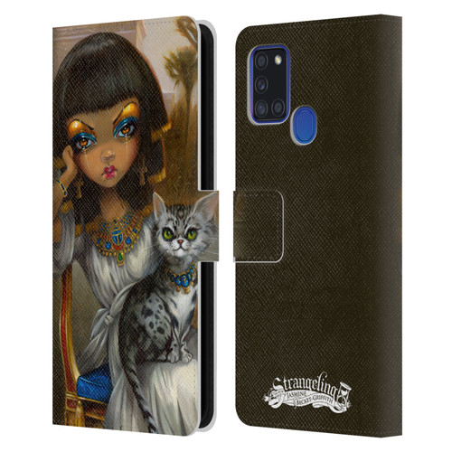 Strangeling Art Egyptian Girl with Cat Leather Book Wallet Case Cover For Samsung Galaxy A21s (2020)