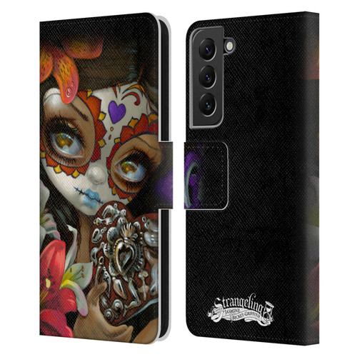 Strangeling Art Day of Dead Heart Charm Leather Book Wallet Case Cover For Samsung Galaxy S22+ 5G