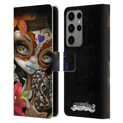 Strangeling Art Day of Dead Heart Charm Leather Book Wallet Case Cover For Samsung Galaxy S23 Ultra 5G