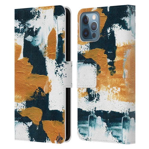 Haley Bush Pattern Painting Abstract Navy Gold White Leather Book Wallet Case Cover For Apple iPhone 12 / iPhone 12 Pro