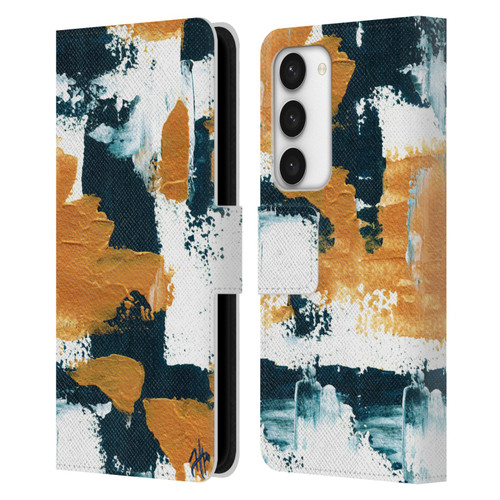 Haley Bush Pattern Painting Abstract Navy Gold White Leather Book Wallet Case Cover For Samsung Galaxy S23 5G