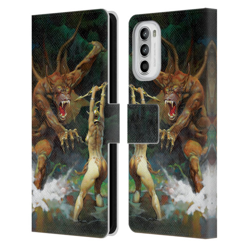 Frank Frazetta Medieval Fantasy Girl and the Beast Leather Book Wallet Case Cover For Motorola Moto G52