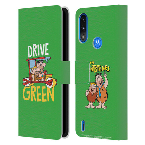 The Flintstones Graphics Drive Green Leather Book Wallet Case Cover For Motorola Moto E7 Power / Moto E7i Power