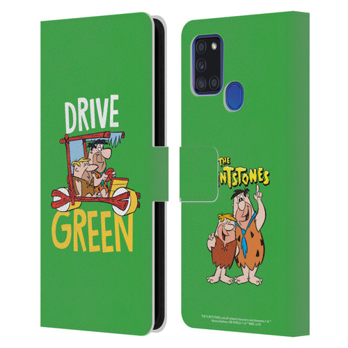 The Flintstones Graphics Drive Green Leather Book Wallet Case Cover For Samsung Galaxy A21s (2020)