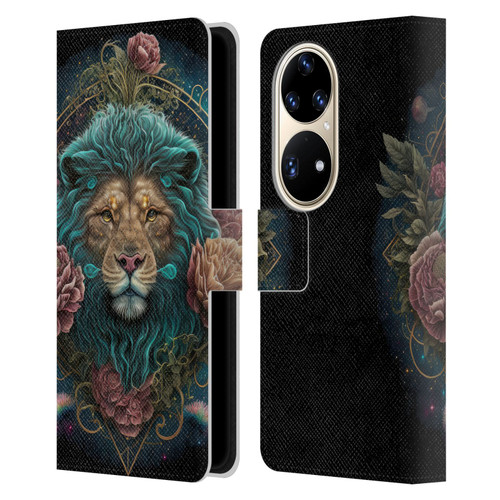 Spacescapes Floral Lions Aqua Mane Leather Book Wallet Case Cover For Huawei P50 Pro