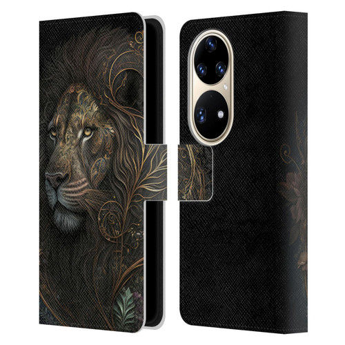 Spacescapes Floral Lions Golden Bloom Leather Book Wallet Case Cover For Huawei P50 Pro