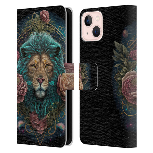 Spacescapes Floral Lions Aqua Mane Leather Book Wallet Case Cover For Apple iPhone 13