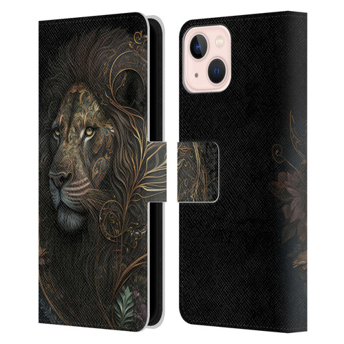 Spacescapes Floral Lions Golden Bloom Leather Book Wallet Case Cover For Apple iPhone 13