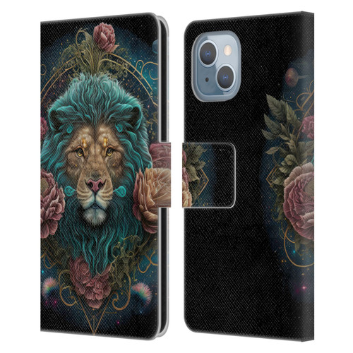 Spacescapes Floral Lions Aqua Mane Leather Book Wallet Case Cover For Apple iPhone 14