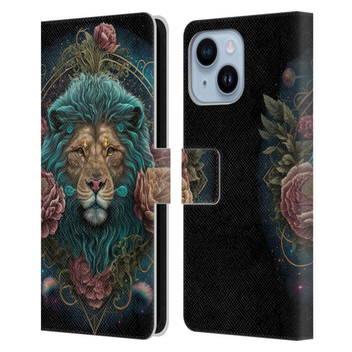 Spacescapes Floral Lions Aqua Mane Leather Book Wallet Case Cover For Apple iPhone 14 Plus
