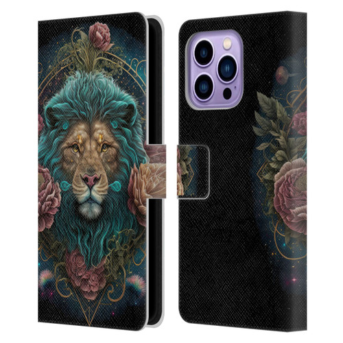 Spacescapes Floral Lions Aqua Mane Leather Book Wallet Case Cover For Apple iPhone 14 Pro Max