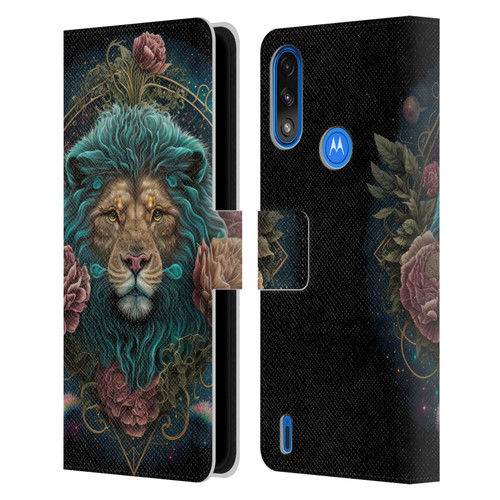 Spacescapes Floral Lions Aqua Mane Leather Book Wallet Case Cover For Motorola Moto E7 Power / Moto E7i Power