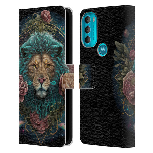 Spacescapes Floral Lions Aqua Mane Leather Book Wallet Case Cover For Motorola Moto G71 5G