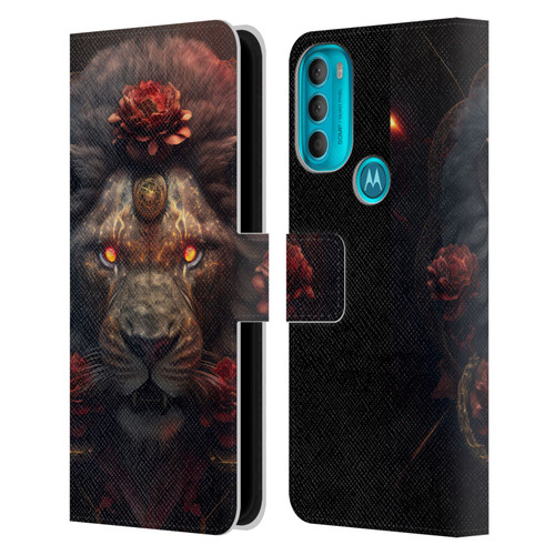 Spacescapes Floral Lions Crimson Pride Leather Book Wallet Case Cover For Motorola Moto G71 5G