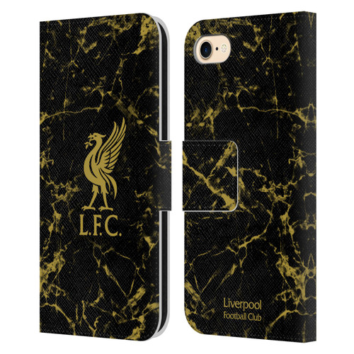 Liverpool Football Club Crest & Liverbird Patterns 1 Black & Gold Marble Leather Book Wallet Case Cover For Apple iPhone 7 / 8 / SE 2020 & 2022