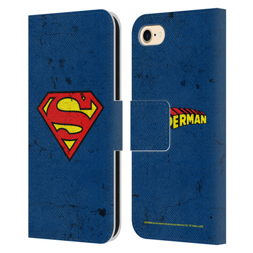 Superman DC Comics Logos Distressed Leather Book Wallet Case Cover For Apple iPhone 7 / 8 / SE 2020 & 2022