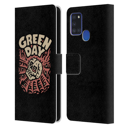 Green Day Graphics Skull Spider Leather Book Wallet Case Cover For Samsung Galaxy A21s (2020)