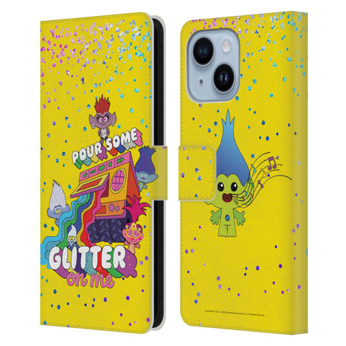 Trolls World Tour Key Art Glitter Print Leather Book Wallet Case Cover For Apple iPhone 14 Plus
