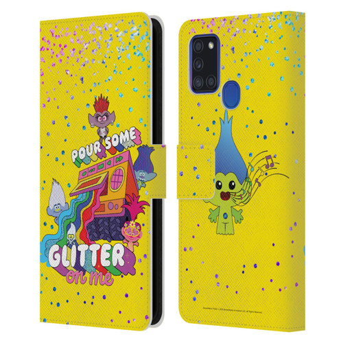 Trolls World Tour Key Art Glitter Print Leather Book Wallet Case Cover For Samsung Galaxy A21s (2020)