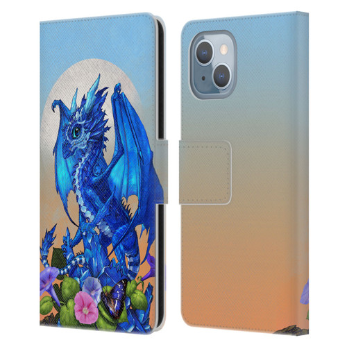 Stanley Morrison Art Blue Sapphire Dragon & Flowers Leather Book Wallet Case Cover For Apple iPhone 14