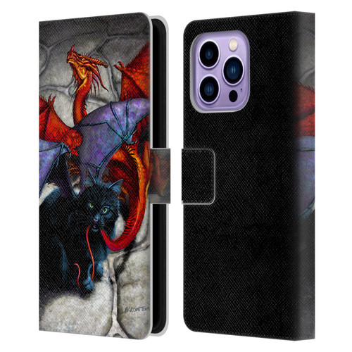 Stanley Morrison Art Bat Winged Black Cat & Dragon Leather Book Wallet Case Cover For Apple iPhone 14 Pro Max