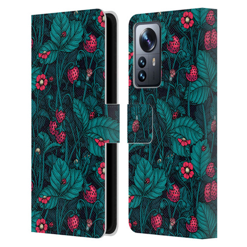 Katerina Kirilova Fruits & Foliage Patterns Wild Strawberries Leather Book Wallet Case Cover For Xiaomi 12 Pro