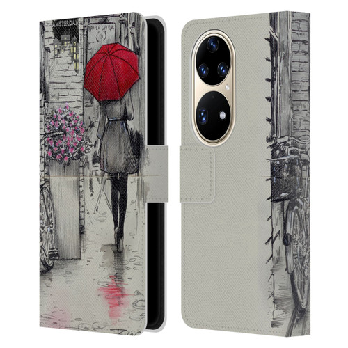 LouiJoverArt Red Ink Amsterdam Walk Leather Book Wallet Case Cover For Huawei P50 Pro