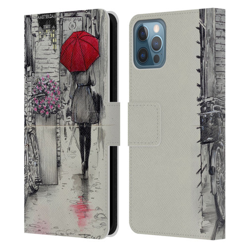 LouiJoverArt Red Ink Amsterdam Walk Leather Book Wallet Case Cover For Apple iPhone 12 / iPhone 12 Pro
