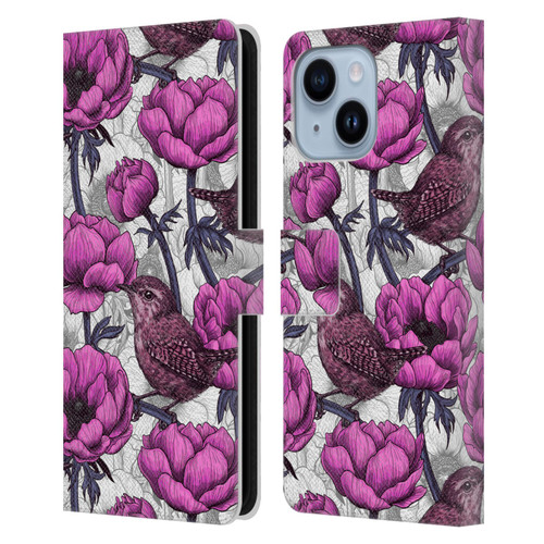 Katerina Kirilova Floral Patterns Wrens In Anemone Garden Leather Book Wallet Case Cover For Apple iPhone 14 Plus