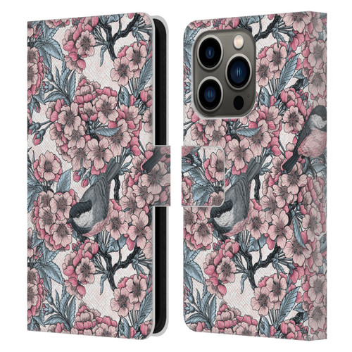 Katerina Kirilova Floral Patterns Cherry Garden Birds Leather Book Wallet Case Cover For Apple iPhone 14 Pro