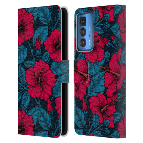 Katerina Kirilova Floral Patterns Red Hibiscus Leather Book Wallet Case Cover For Motorola Edge 20 Pro