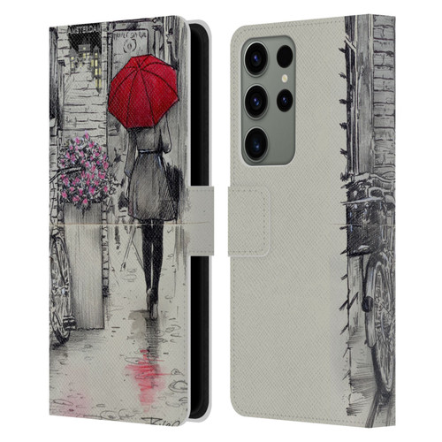 LouiJoverArt Red Ink Amsterdam Walk Leather Book Wallet Case Cover For Samsung Galaxy S23 Ultra 5G