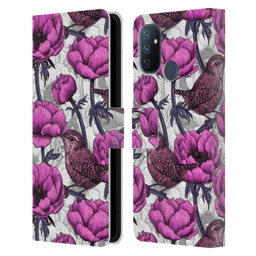 Katerina Kirilova Floral Patterns Wrens In Anemone Garden Leather Book Wallet Case Cover For OnePlus Nord N100