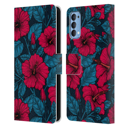 Katerina Kirilova Floral Patterns Red Hibiscus Leather Book Wallet Case Cover For OPPO Reno 4 5G