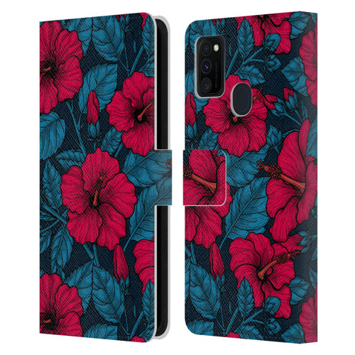 Katerina Kirilova Floral Patterns Red Hibiscus Leather Book Wallet Case Cover For Samsung Galaxy M30s (2019)/M21 (2020)