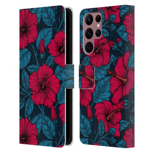 Katerina Kirilova Floral Patterns Red Hibiscus Leather Book Wallet Case Cover For Samsung Galaxy S22 Ultra 5G
