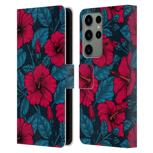 Katerina Kirilova Floral Patterns Red Hibiscus Leather Book Wallet Case Cover For Samsung Galaxy S23 Ultra 5G