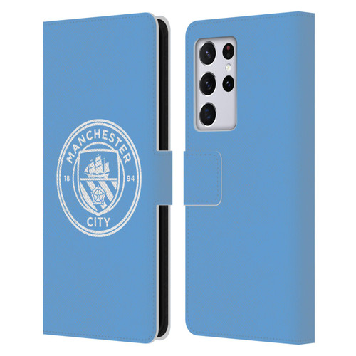 Manchester City Man City FC Badge Blue White Mono Leather Book Wallet Case Cover For Samsung Galaxy S21 Ultra 5G