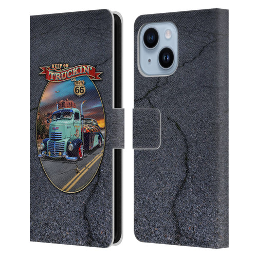 Larry Grossman Retro Collection Keep on Truckin' Rt. 66 Leather Book Wallet Case Cover For Apple iPhone 14 Plus