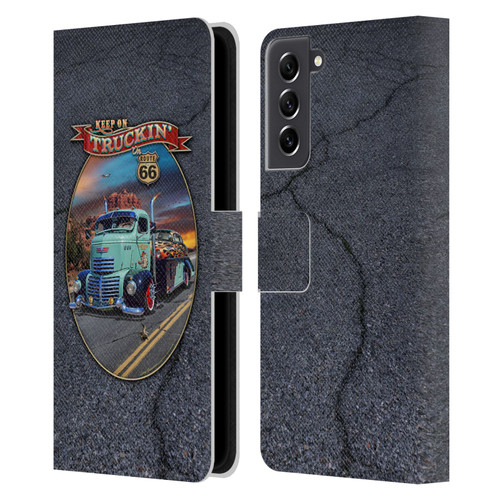 Larry Grossman Retro Collection Keep on Truckin' Rt. 66 Leather Book Wallet Case Cover For Samsung Galaxy S21 FE 5G