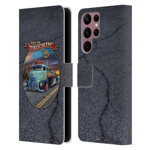 Larry Grossman Retro Collection Keep on Truckin' Rt. 66 Leather Book Wallet Case Cover For Samsung Galaxy S22 Ultra 5G