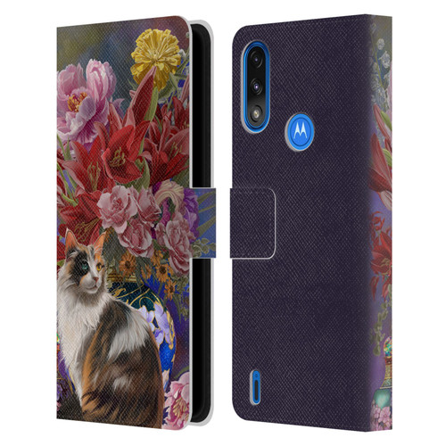 Nene Thomas Art Cat With Bouquet Of Flowers Leather Book Wallet Case Cover For Motorola Moto E7 Power / Moto E7i Power