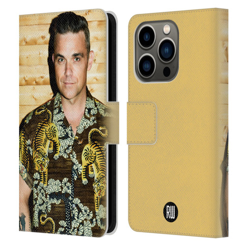 Robbie Williams Calendar Tiger Print Shirt Leather Book Wallet Case Cover For Apple iPhone 14 Pro