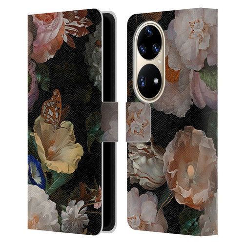 UtArt Antique Flowers Botanical Beauty Leather Book Wallet Case Cover For Huawei P50 Pro