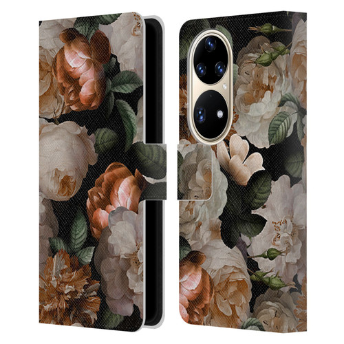 UtArt Antique Flowers Carnations And Garden Roses Leather Book Wallet Case Cover For Huawei P50 Pro